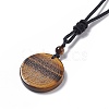 Natural Gemstone Flat Round with Flower of Life Pendant Necklace with Nylon Cord for Women NJEW-P274-02-4