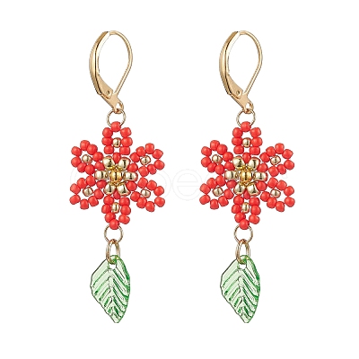 304 Stainless Steel Flower with Leaf Leverback Earrings EJEW-MZ00456-1
