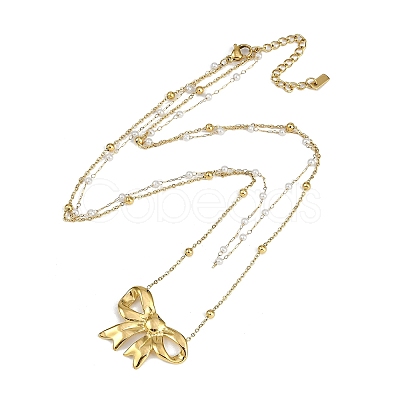 PVD Vacuum Plating 304 Stainless Steel & Plastic Imitation Pearl Double Layer Bowknot Pendant Necklaces NJEW-I129-03G-1