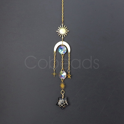 Natural Obsidian Star Sun Catcher Hanging Ornaments with Brass Sun HJEW-PW0002-13D-1