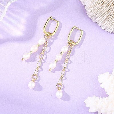 Brass & Natural Pearl Hoop Dangle Earrings EJEW-JE07390-1