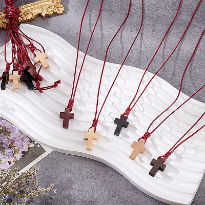60Pcs 5 Colors Wood Cross Pendant Waxed Polyester Cord Necklaces NJEW-NB00011-1