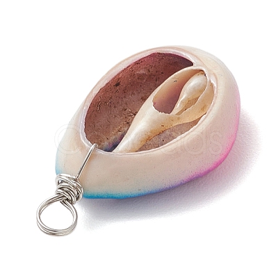 Spray Painted Natural Cowrie Shell Deep Sky Blue Pendants PALLOY-JF04260-01-1