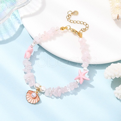 Natural Rose Quartz Chips & Starfish Synthetic Turquoise & Shell Pearl Beads Bracelets BJEW-JB12413-02-1