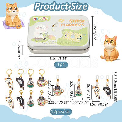 Cat Alloy Enamel Locking Stitch Markers & Needle Cap Set HJEW-NB00142-1