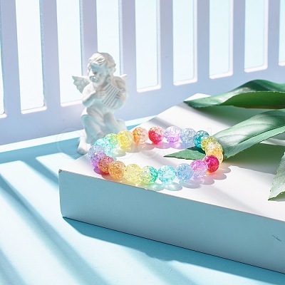 Rainbow Acrylic Round Beaded Stretch Bracelet for Women BJEW-JB07555-1