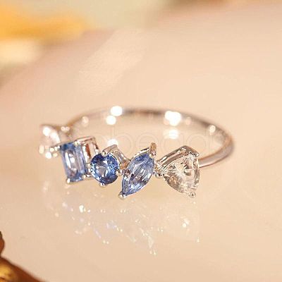 Rectangle Horse Eye Triangle Brass Micro Pave Clear & Blue Cubic Zirconia Finger Rings for Women FS-WG723F9-04-1