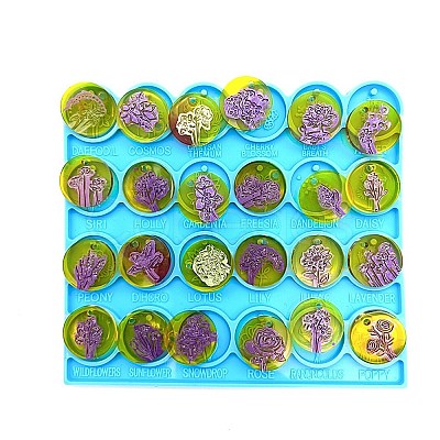 DIY Flat Round with Flower Pattern Pendant Food Grade Silicone Molds DIY-G083-07-1