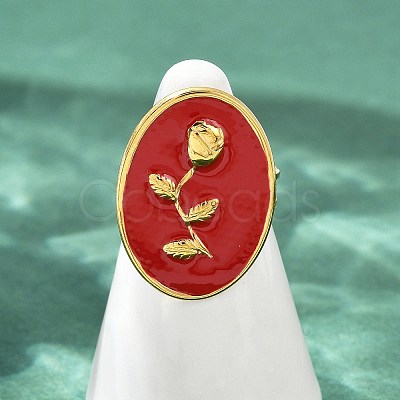 Oval with Rose Pattern 304 Stainless Steel Enamel Finger Rings for Women RJEW-G355-10G-02-1