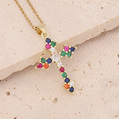 Brass Micro Pave Cubic Zirconia Cross Pendant Necklaces FS-WG7675B-01-1