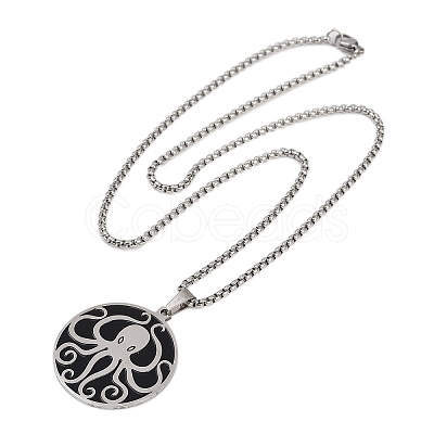 201 Stainless Steel Black Enamel Flat Round with Octopus Pendant Necklaces NJEW-K283-31P-1