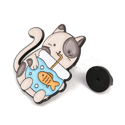 Funny Cat Drinking Fishbowl Enamel Pins JEWB-E044-02EB-03-1