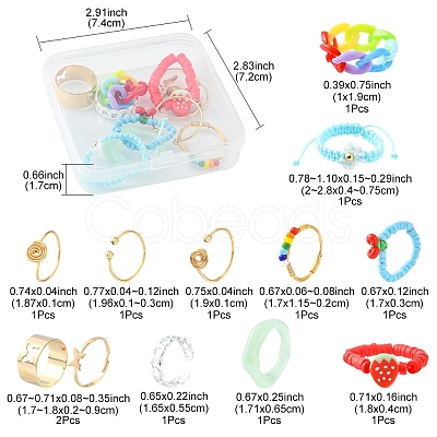 12Pcs 12 Style Cherry & Strawberry & Flower Glass Seed & Polymer Clay Heishi Beaded Stretch Finger Rings RJEW-YW0001-01-1