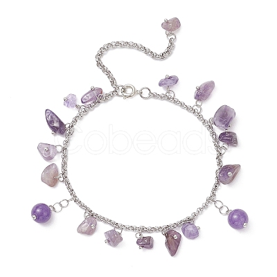 304 Stainless Steel Natural Amethyst Chips Charm Bracelets BJEW-JB12376-02-1