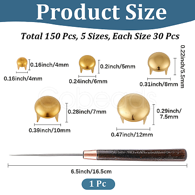 150Pcs 5 Styles Flat Round Brass Four Claw Nail KK-CL0001-03G-1