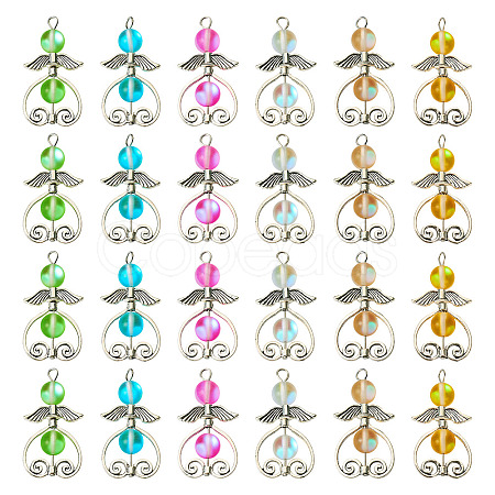 24Pcs 6 Colors Synthetic Moonstone Dyed Pendants with Antique Silver Plated Alloy Wing FIND-TA0003-86-1