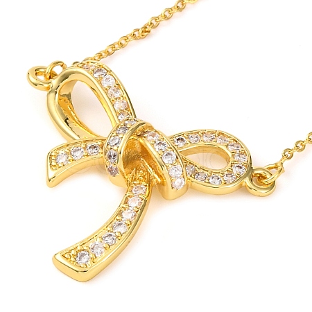 Brass Micro Pave Clear Cubic Zirconia Bowknot Pendant Necklaces NJEW-F326-04G-1