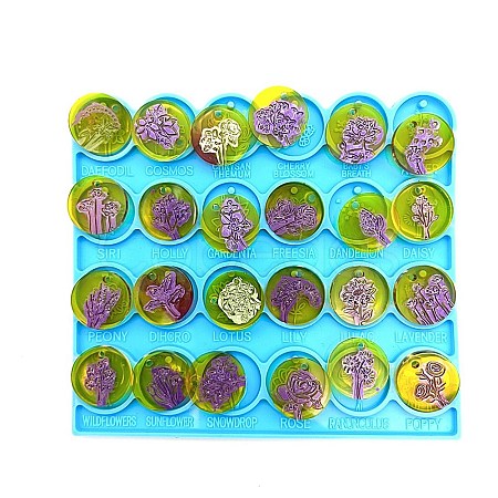 DIY Flat Round with Flower Pattern Pendant Food Grade Silicone Molds DIY-G083-07-1
