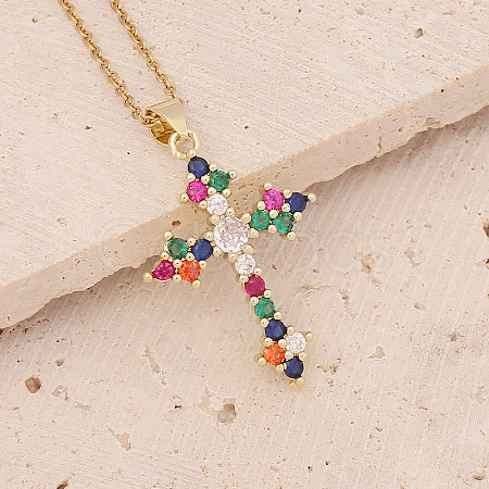 Brass Micro Pave Cubic Zirconia Cross Pendant Necklaces FS-WG7675B-01-1