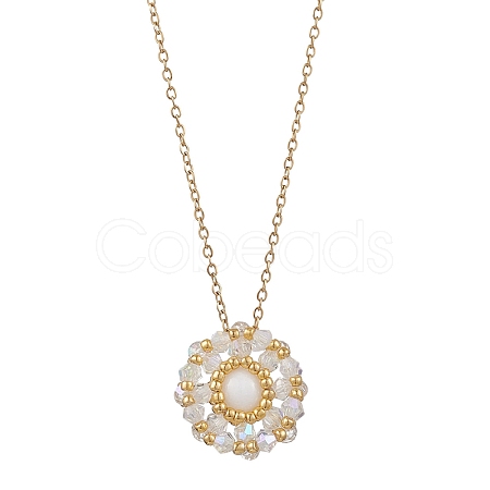 Natural Mashan Jade & Glass Seed Beaded Flat Round Pendant 304 Stainless Steel Cable Chain Necklaces NJEW-MZ00129-02-1