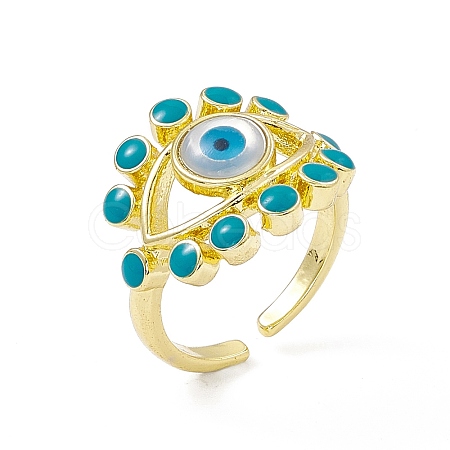 Deep Sky Blue Natural Shell Evil Eye Open Cuff Ring with Enamel RJEW-I091-05G-1