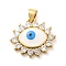 Real 18K Gold Plated Brass Enamel Pendants, with Glass, Eye Charms, White, 17.5x19.5x4.5mm, Hole: 5x3.5mm