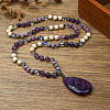 Natural Amethyst Flat Teardrop Pendant Round Gems and Cube Glass Beaded Long Necklaces for Women FS-WG9FE58-09-1