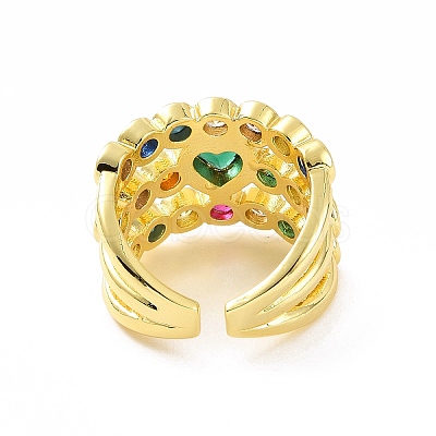 Colorful Cubic Zirconia Heart Open Cuff Ring RJEW-C061-03G-1