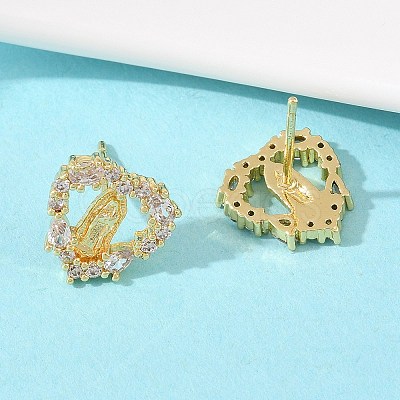 Brass Micro Pave Clear Cubic Zirconia Virgin Mary Stud Earrings EJEW-F400-23B-G-1