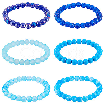 6Pcs 6 Styles 8mm Glass Round Beaded Stretch Bracelet Sets BJEW-TAC0021-1