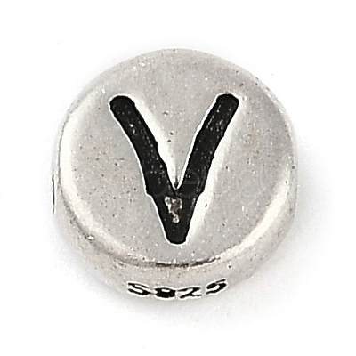 925 Sterling Silver Flat Round with Letter Beads STER-G044-01AS-V-1