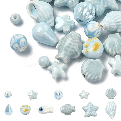 24Pcs 12 Styles Blue Color Theme Glazed Porcelain Beads PORC-YW0001-40-1