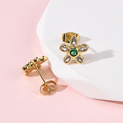 Brass Micro Pave Cubic Zirconia Flower Stud Earrings EJEW-K267-12G-1