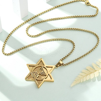 Hanukkah 201 Stainless Steel Star of David Pendant Necklaces NJEW-Z058-02G-1