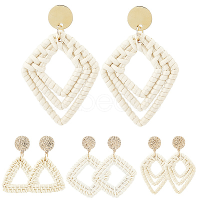 4 Pairs 4 Styles Rattan Dangle Stud Earrings EJEW-SP0001-16A-1
