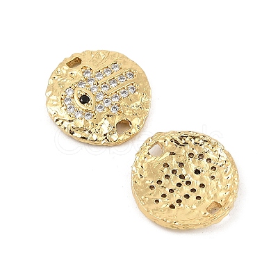 Brass Micro Pave Clear Cubic Zirconia Disc with Hamsa Hand Connector Charms KK-P300-24G-01-1