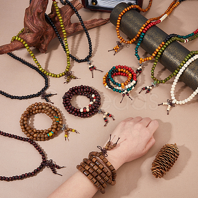 24Pcs 12 Styles Wood Round Prayer Beads Bracelets BJEW-DC0001-12-1