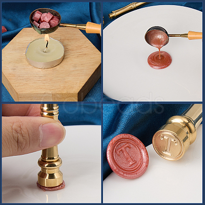 1Pc Golden Tone Brass Wax Seal Stamp Head with Bamboo Stick Shaped Handle STAM-CP0001-04M-1