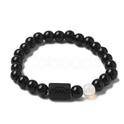 12 Constellations Protetion Aquamarine & Black Obsidian Round Beads Stretch Bracelets for Men Women WG083ED-11-1