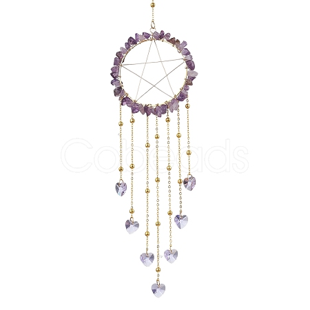 Wire Wrapped Natural Amethyst Chips Ring Hanging Ornaments HJEW-JM02371-06-1