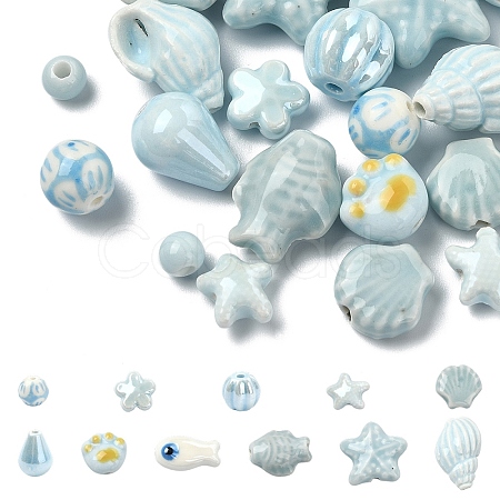 24Pcs 12 Styles Blue Color Theme Glazed Porcelain Beads PORC-YW0001-40-1