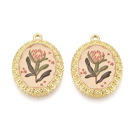 Vintage Printed Style 304 Stainless Steel Oval with Lotus Pendants STAS-T071-29B-G-1