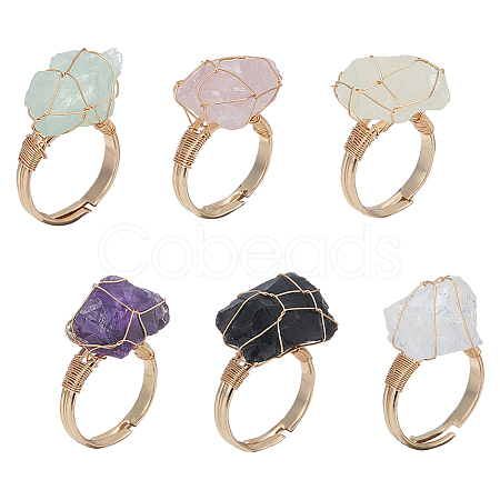 ANATTASOUL 6Pcs 6 Style Natural Mixed Gemstone Nugget Adjustable Rings Set RJEW-AN0001-04-1