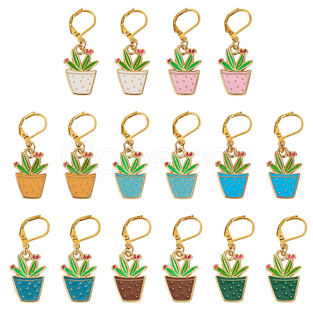 16Pcs 8 Colors Potted Plants Alloy Enamel Locking Stitch Marker HJEW-TAC0093-1