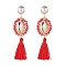 Beads Wire Wrap Long Dangle Stud Earring, Natural Shell with Polyester Tassel Drop Earrings for Women, Golden, Red, 85mm, Pin: 0.9mm