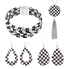 Tartan Teardrop PU Leather Pendant Necklaces & Bracelets & Dangle Earrings Sets SJEW-WH0007-07B-1