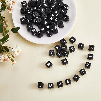 20Pcs Black Cube Letter Silicone Beads 12x12x12mm Square Dice Alphabet Beads with 2mm Hole Spacer Loose Letter Beads for Bracelet Necklace Jewelry Making JX433P-1