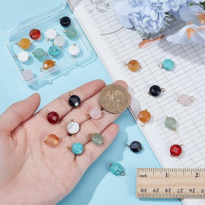 14Pcs 7 Styles Flat Round Faceted Natural & Synthetic Gemstone Pendants PALLOY-AR00010-1
