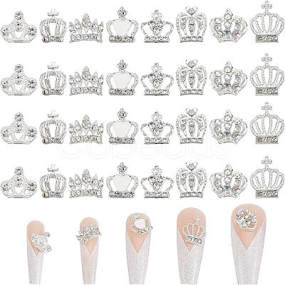 32Pcs 8 Style Crown Alloy Rhinestone Nail Art Cabochons MRMJ-FH0001-20-1