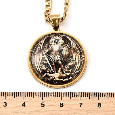 201 Stainless Steel Glass Flat Round with Archangel Michael Pendant Necklaces for Women NJEW-M105-09G-1